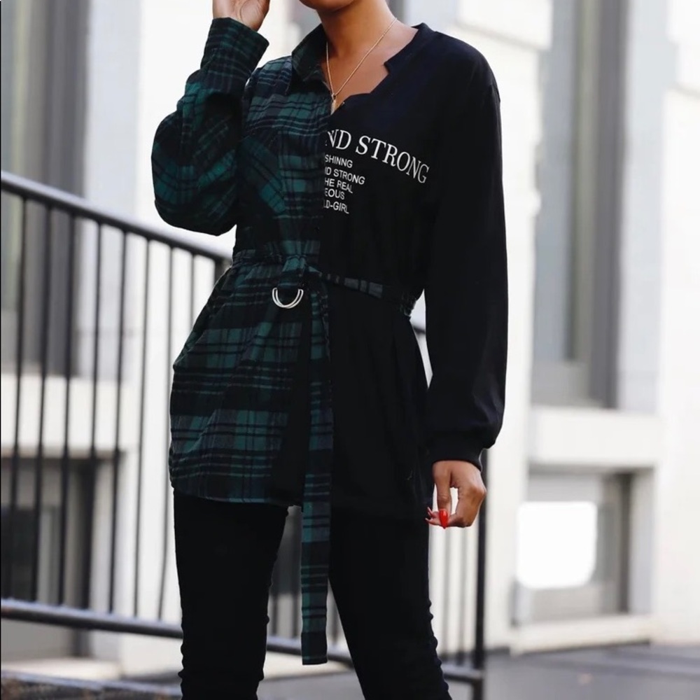 Half Solid/Plaid Button Down Top